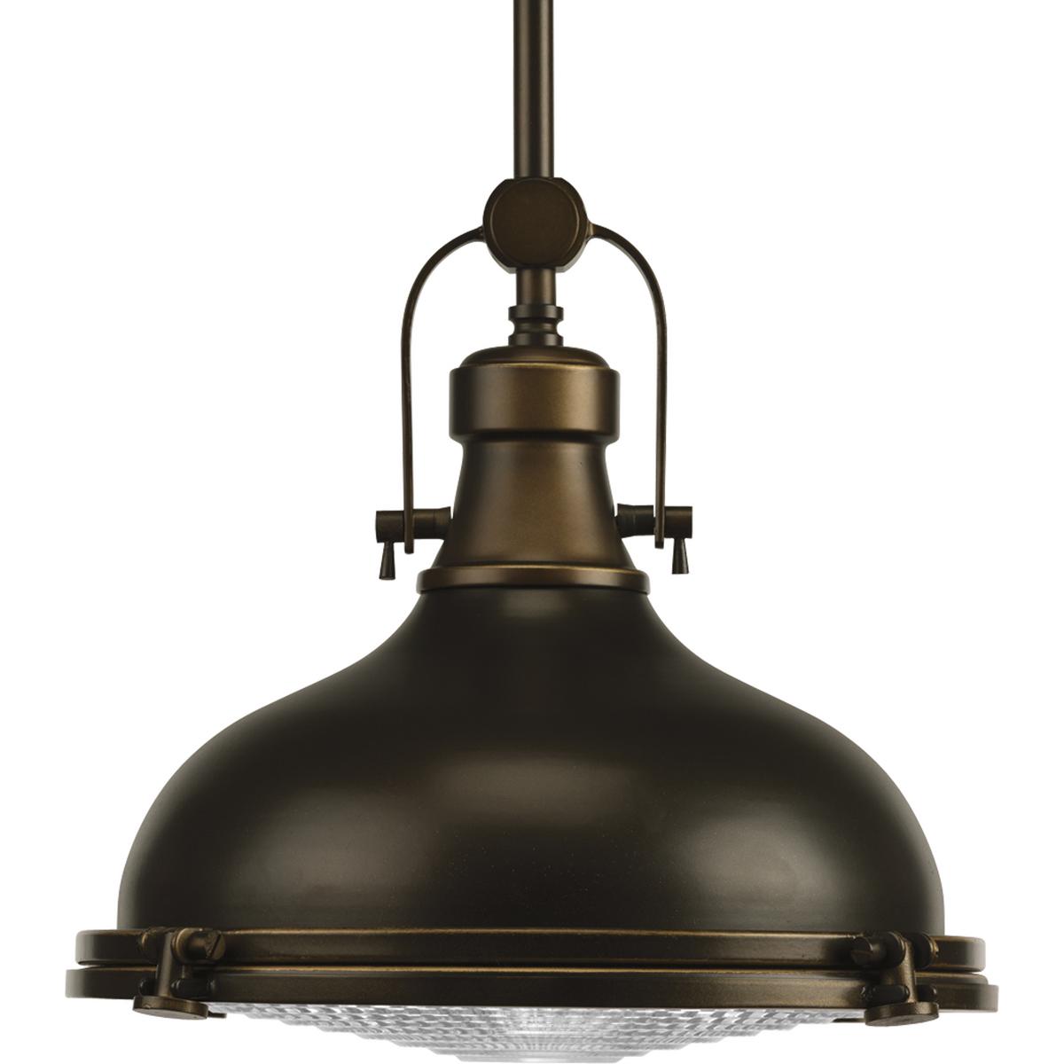 Hubbell P5188-108 The one-light 12" LED pendant features industrial roots in both form and function. The Oil Rubbed Bronze finish highlight the high-quality prismatic glass which adds to the historical aesthetic. Antique style fixture includes a hinge-locking nautical desi
