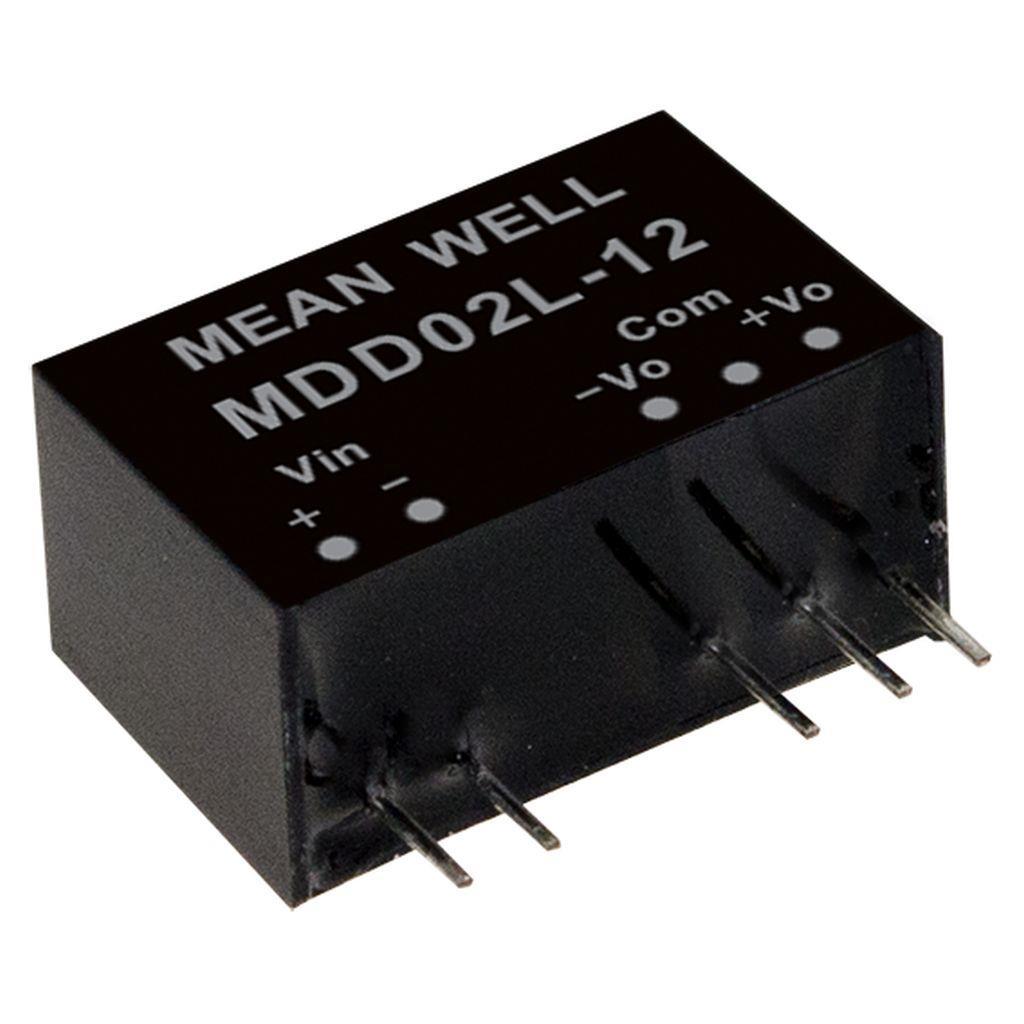 MEAN WELL MDD02L-15 DC-DC medical Converter PCB mount; Input 4.5-5.5Vdc; Dual Output +-15Vdc at +-0.067A;  SIP Through hole package; 2xMOPP