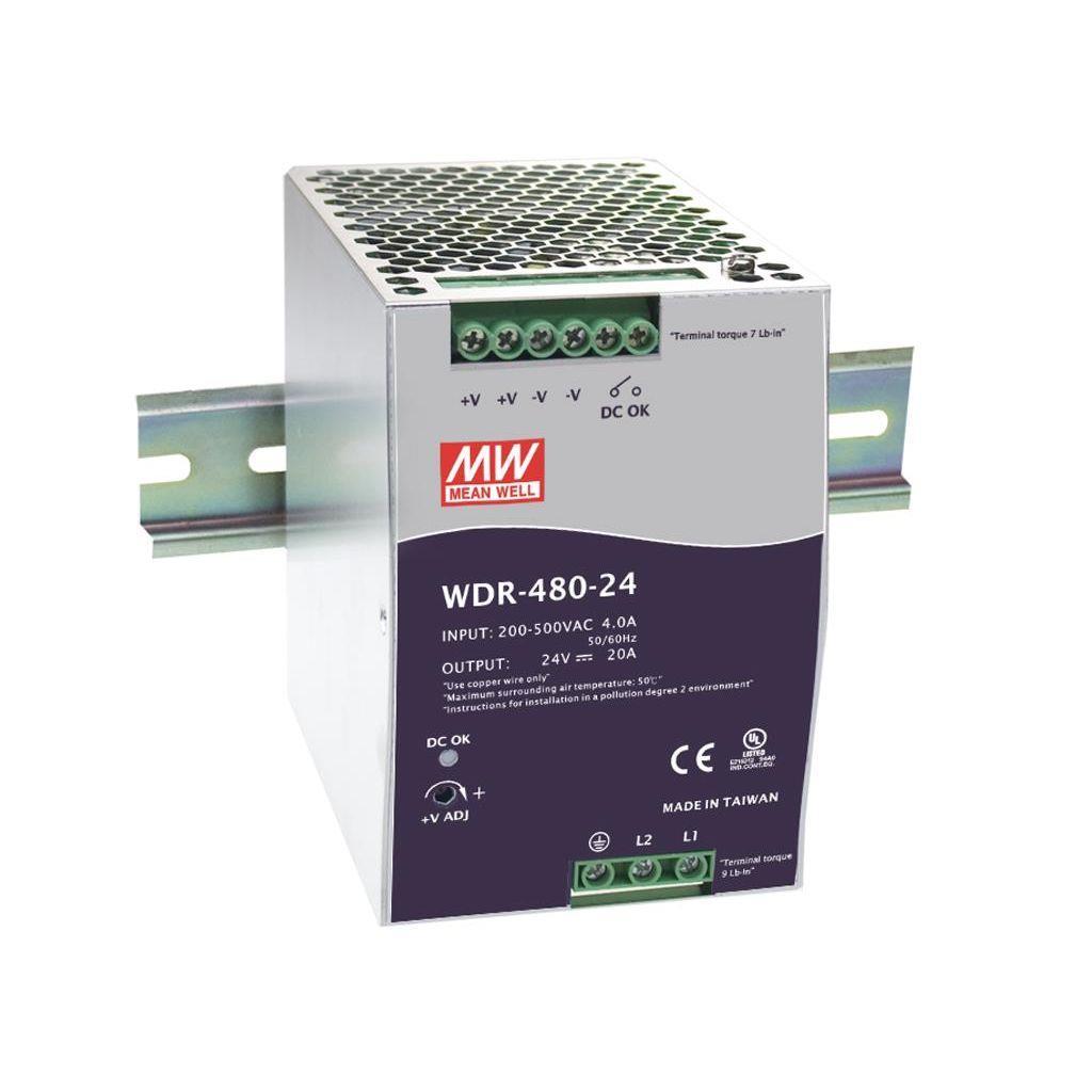 MEAN WELL WDR-480-24 AC-DC Industrial DIN rail power supply; Output 24Vdc at 20A; metal case; Ultra wide input 180-550Vac for single and two phase mains network