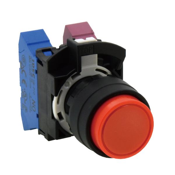 Idec HW4B-M4P11S 22mm Momentary Pushbutton Blu, IP20 Finger-safe contact block with Push-in terminals,  UL listed, CSA certified, TUV approved, and CE marked,
Super bright LED illumination, UL Type 4X, IP65, 600V/10A contacts with a wide operating range from 5mA at 3V AC/