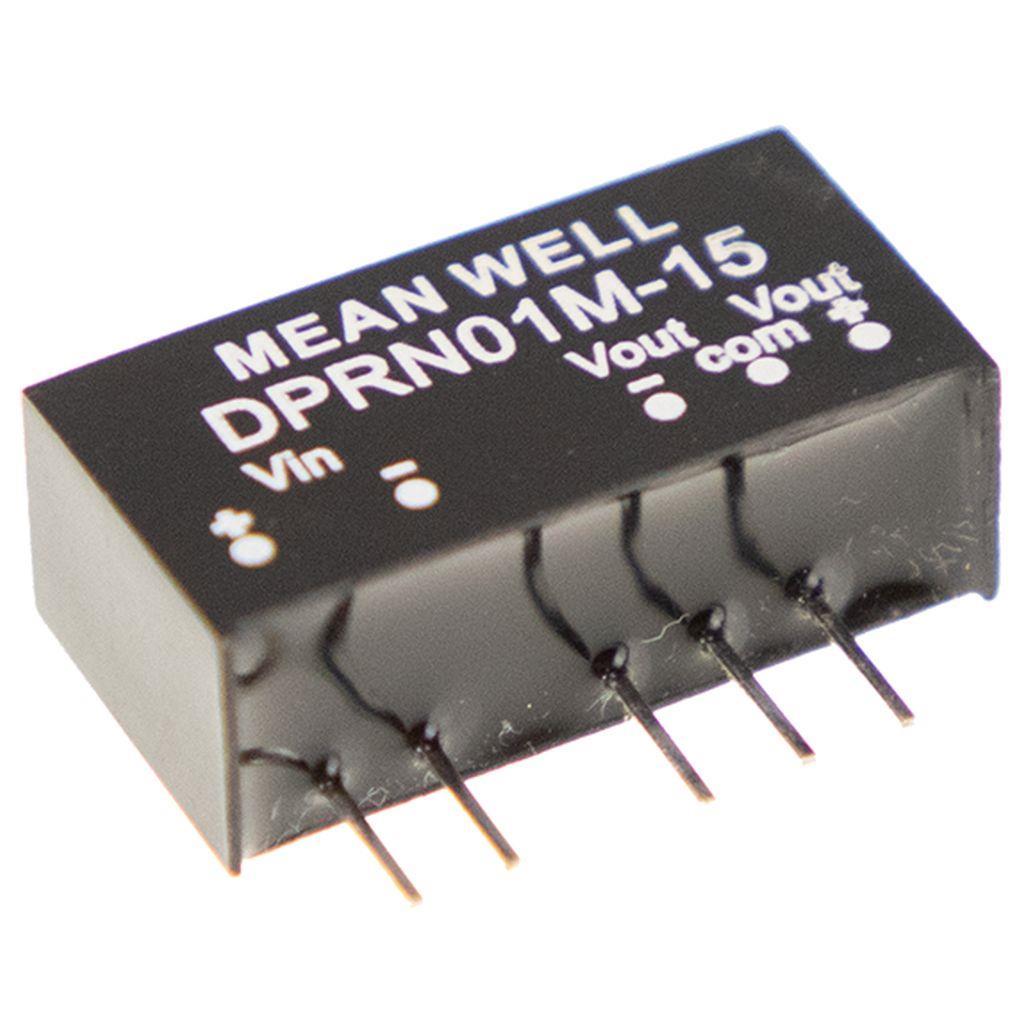 MEAN WELL DPRN01O-15 DC-DC Converter PCB mount; Input 45.8-52.8Vdc; Dual Output +-15Vdc at +-0.034A; SIP through hole package; 1500Vdc I/O isolation
