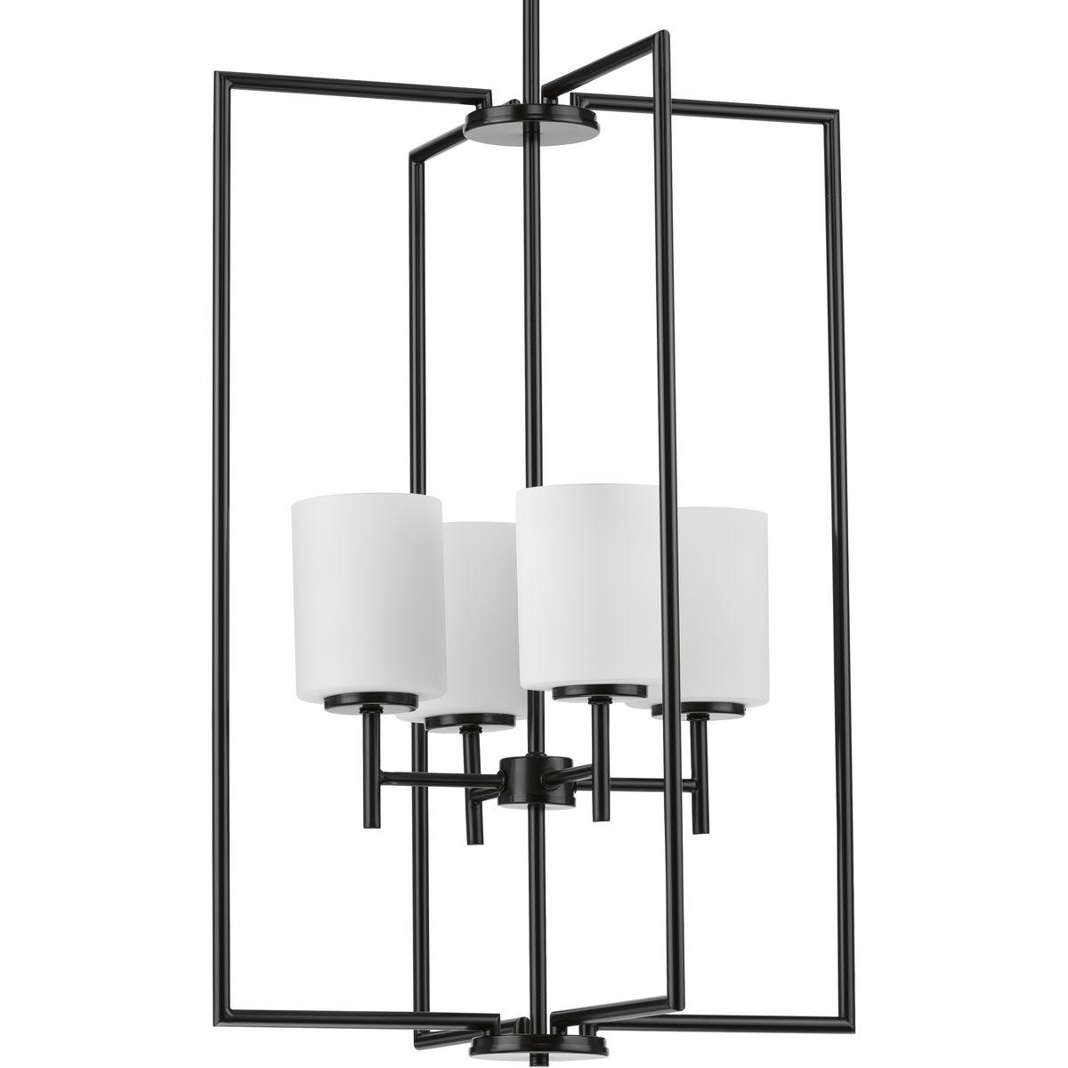 Hubbell P500206-031 Welcome guests with elegance and class as the Reply four-light pendant washes its soft glow over a foyer, dining table, or large kitchen island. The timeless, rectangular silhouette with a statement-making Black finish extends above and below the white, e