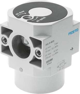 Festo 170691 on-off valve HEL-D-MIDI For service units, without threaded connection plates with FRB threaded pin. Gradual pressure build-up. The valve function is equivalent to a 2/2-way directional control valve. Exhaust-air function: throttleable, Type of actuation: