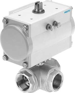 Festo 8070254 ball valve actuator unit VZBM-A-1"-RP-25-F-3L-B2-PA20 Brass, with double-acting actuator DFPD 3/2-way, nominal width 1", PN25, thread EN 10226-1. Design structure: (* 3-way ball valve, * Swivel drive), Type of actuation: pneumatic, Assembly position: Any,