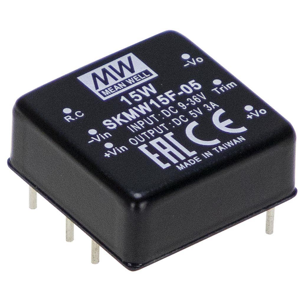 MEAN WELL SKMW15G-05 DC-DC Converter PCB mount; Ultrawide input 18-75Vdc; Single Output 5Vdc at 3A; DIP Through hole package; 1" x 1" compact size