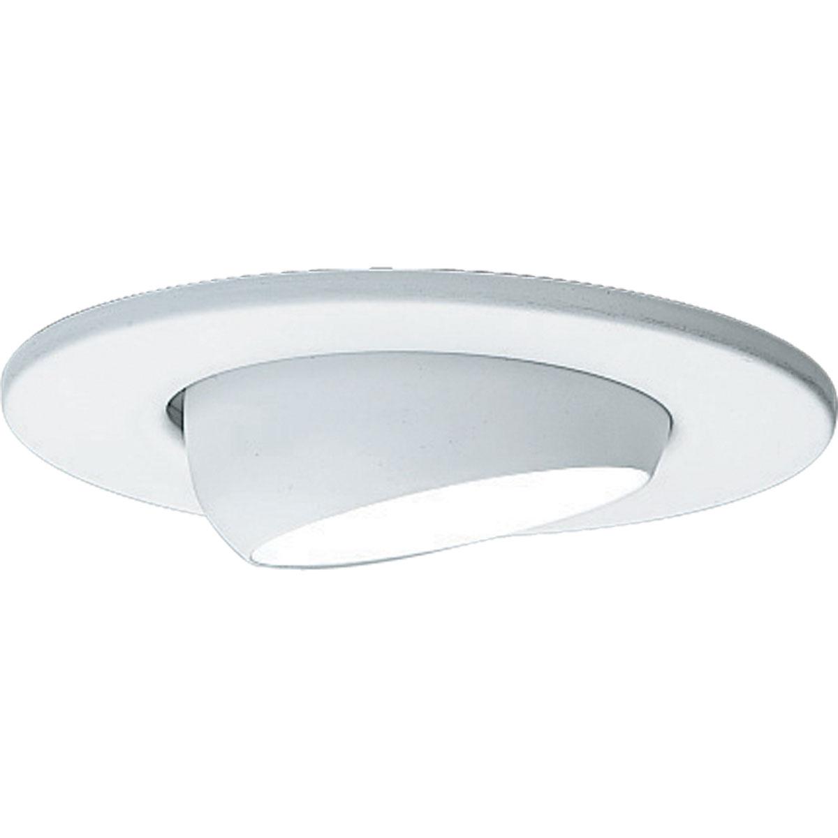 Hubbell P8046-28 4" Eyeball Trim in a White finish with white powder coated flanges to match the baffle finish. 360 positioning, tilt 20. 5" outside diameter.  ; White finish. ; White powder coated flange. ; No light leaks around trim flange.