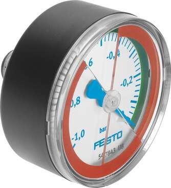 Festo 547843 vacuum gauge VAM-63-V1/0-R1/4-E-RG With display unit in bar. Nominal size of pressure gauge: 63, Position of connection: Rear side central, Based on the standard: DIN EN 837-1, Type of seal on screw-in stud: coating, Assembly position: Any