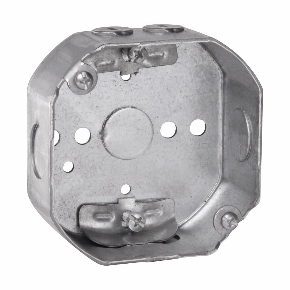 Eaton Corp TP298 Eaton Crouse-Hinds series Octagon Outlet Box, (1) 1/2", 4", 4, NM clamps, 1-1/2", Steel, (2) 1/2", Fixture rated, 15.5 cubic inch capacity
