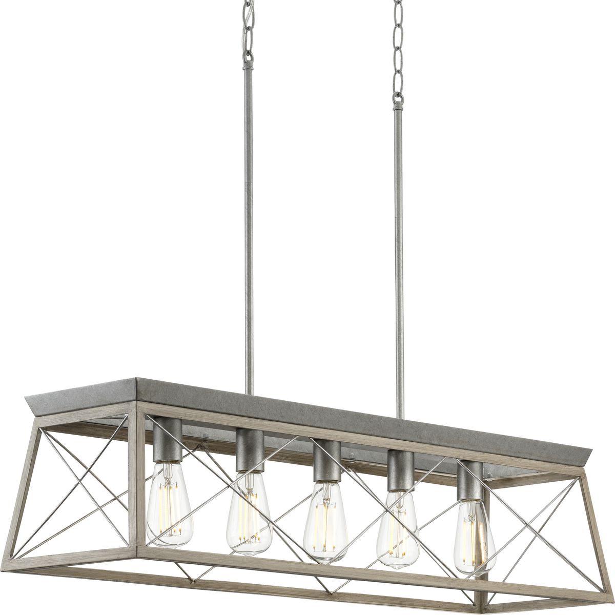Hubbell P400048-141 Create a cozy home with the Briarwood Collection 5-Light Bleached Oak Farmhouse Linear Island Chandelier. Light sources exude a comforting country glow as they peek through the classic X-brace design reminiscent of country barn doors and rustic farmhouse 