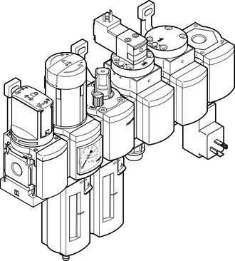 Festo 543593 service unit combination MSB6N-1/2:C3J4M1D1A1F3-WP Comprising manual on-off valve, filter regulator, lubricator, electrical on-off valve, pneumatic soft-start valve, branching module with pressure switch without display, wall mounting plate. Maximum outpu