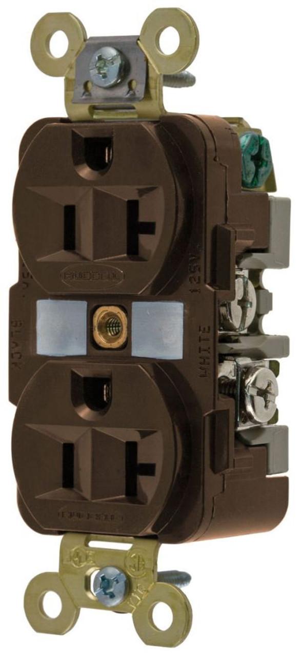 Hubbell HBL5362 Straight Blade Devices, Receptacles, Duplex, Industrial Grade, 2-Pole 3-Wire Grounding, 20A 125V, 5-20R, Brown, Single Pack  ; Back wired ground terminal allows faster, easier installation ; One-piece brass integral ground strap ; Finder Groove Face ; Dee