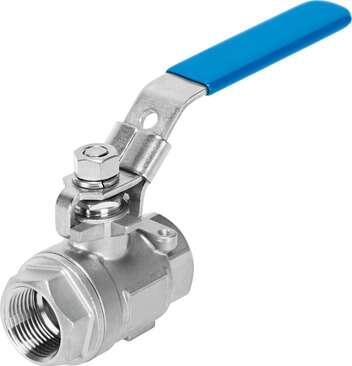Festo 4745224 ball valve VZBE-21/2-T-63-D-2-M-V15V16 Stainless steel, manual version, 2/2-way, nominal width 21/2", PN63, ASME B1.20.1 - NPT. Design structure: 2-way ball valve with hand lever, Type of actuation: mechanical, Sealing principle: soft, Assembly position: 