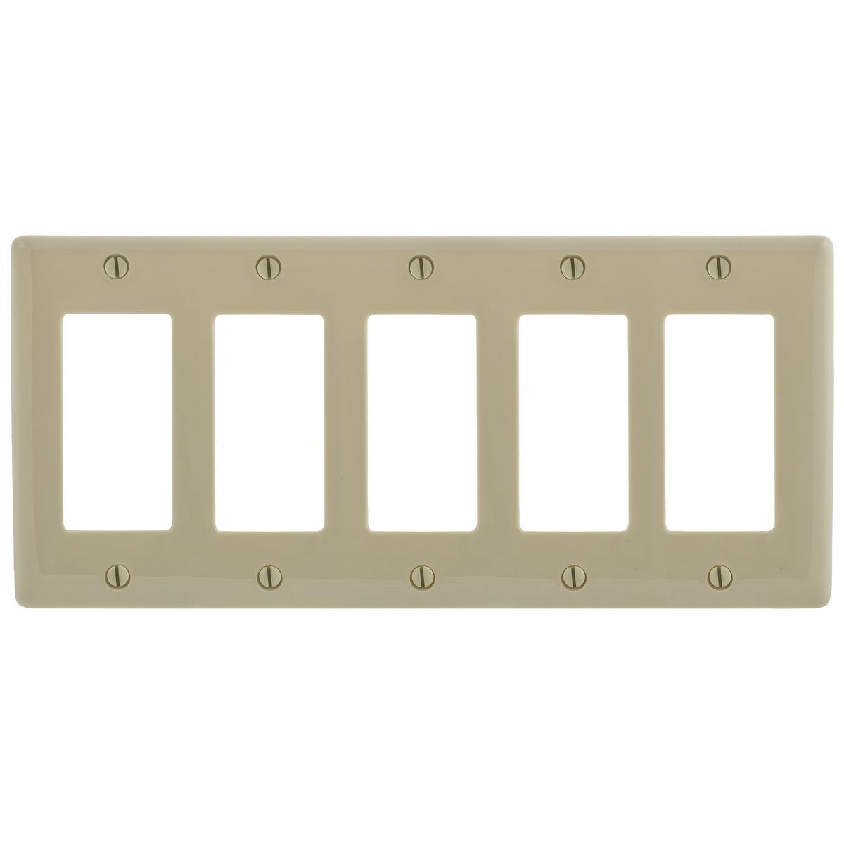 Hubbell NP265I Wallplates and Box Covers, Wallplate, Nylon, 5-Gang, 5) Decorator, Ivory  ; Reinforcement ribs for extra strength ; High-impact, self-extinguishing nylon material ; Captive screw feature holds mounting screw in place ; Standard Size is 1/8" larger to give