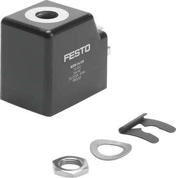 Festo 34408 solenoid coil MSW-230AC-60-OD With pin connections for plug sockets per DIN EN 175301 Assembly position: Any, Min. pickup time: 10 ms, Duty cycle: 100 %, Protection class: IP65, Materials note: Conforms to RoHS
