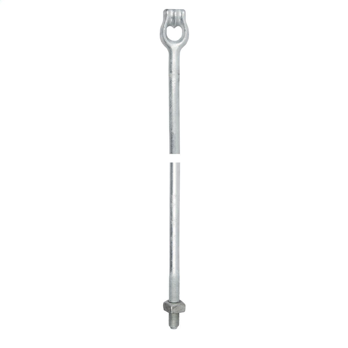 Hubbell 5368 Expanding/Cross-Plate Anchor Rod 1" (25.4 mm) Diameter Rod, 8' (2438 mm) long with Twineye.  ; Thimbleye®, Twineye® and Tripleye® drop forged eye distribute pulling stresses uniformly over individual strands of guy wire and keep the guy wire from spreadin