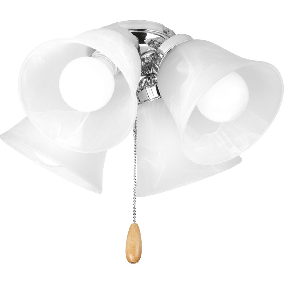 Hubbell P2610-15WB Four-light kit with white washed alabaster style glass shades beautiful in design. Innovative spring clip glass attachment system eliminates unsightly excess hardware. Good for use with P2500 and P2501 ceiling fans and includes quick connector for easy wi