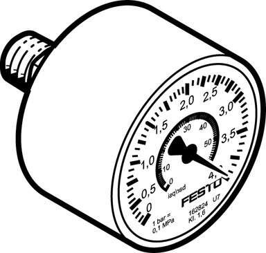 Festo 162842 precision pressure gauge MAP-40-4-1/8-EN With display unit in bar and psi. Indicating range [bar]: 0 - 4 bar, Conforms to standard: EN 837-1, Nominal size of pressure gauge: 40, Design structure: Bourdon-tube pressure gauge, Mounting type: Line installati