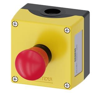 Siemens 3SU1801-0NA00-2AA2 Enclosure for command devices, 22 mm, round, Enclosure material plastic, Enclosure top part yellow, 1 control point plastic, Control point in center, A=EMERGENCY STOP mushroom pushbutton red, 40 mm, rotate-to-unlatch, 1 NC, screw terminal, floor mounting,