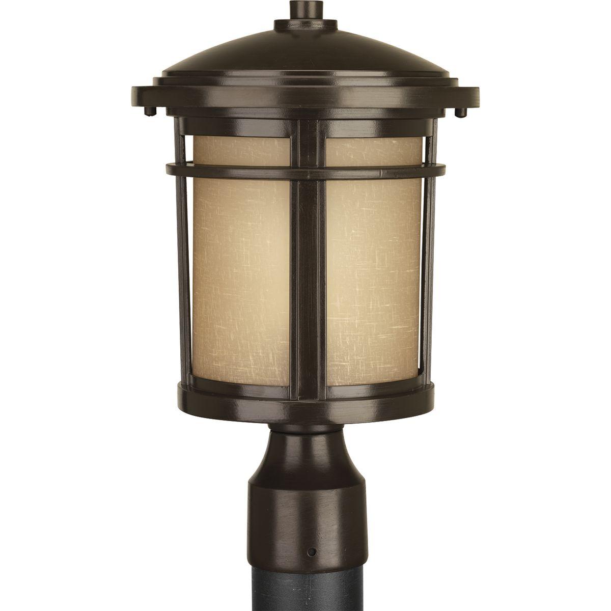 Hubbell P6424-2030K9 LED post lantern with etched umber linen glass. Fits 3" posts order separately. 120V AC replaceable LED module, 623 lumens (source), 3000K color temperature and 90+ CRI.  ; Etched umber linen glass. ; Replaceable LED module. ; Powder coated finish. ; Meet