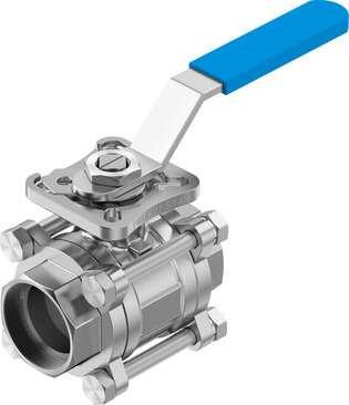 Festo 8089061 ball valve VZBE-11/2-WA-63-T-2-F0507-M-V15V15 Design structure: 2-way ball valve with hand lever, Type of actuation: mechanical, Sealing principle: soft, Assembly position: Any, Mounting type: Line installation