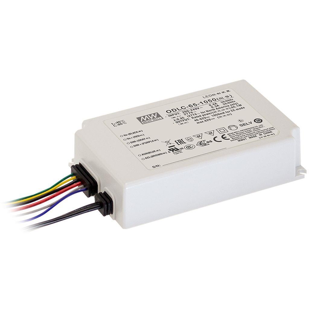 MEAN WELL ODLC-65-700 AC-DC Constant Current mode (CC) LED driver with PFC; Input range 180-295VAC; Output 93VDC at 0.7A; 12VDC/50mA auxiliary output