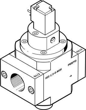 Festo 172945 on-off valve HEE-1/2-D-MIDI-110 Used in conjunction with service units. Design structure: Piston slide, Type of actuation: electrical, Sealing principle: soft, Exhaust-air function: not throttleable, Manual override: detenting
