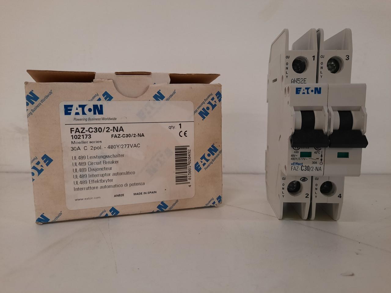 Eaton FAZ-C30/2-NA 277/480 VAC 50/60 Hz, 30 A, 2-Pole, 10/14 kA, 5 to 10 x Rated Current, Screw Terminal, DIN Rail Mount, Standard Packaging, C-Curve, Current Limiting, Thermal Magnetic