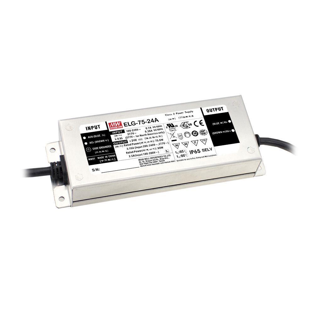 MEAN WELL ELG-75-12DA-3Y AC-DC Single output LED Driver Mix Mode (CV+CC) with PFC; 3 wire input; Output 12VDC at 5A; Dimming with DALI control technology; IP67; Cable output