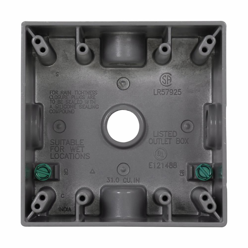Eaton Corp TP7122 Eaton Crouse-Hinds series weatherproof outlet box, 30.5 cu in, Gray, 2" deep, Die cast aluminum, Two-gang, (5) 3/4" outlet holes, one hole around each of the four sides, one hole on the back