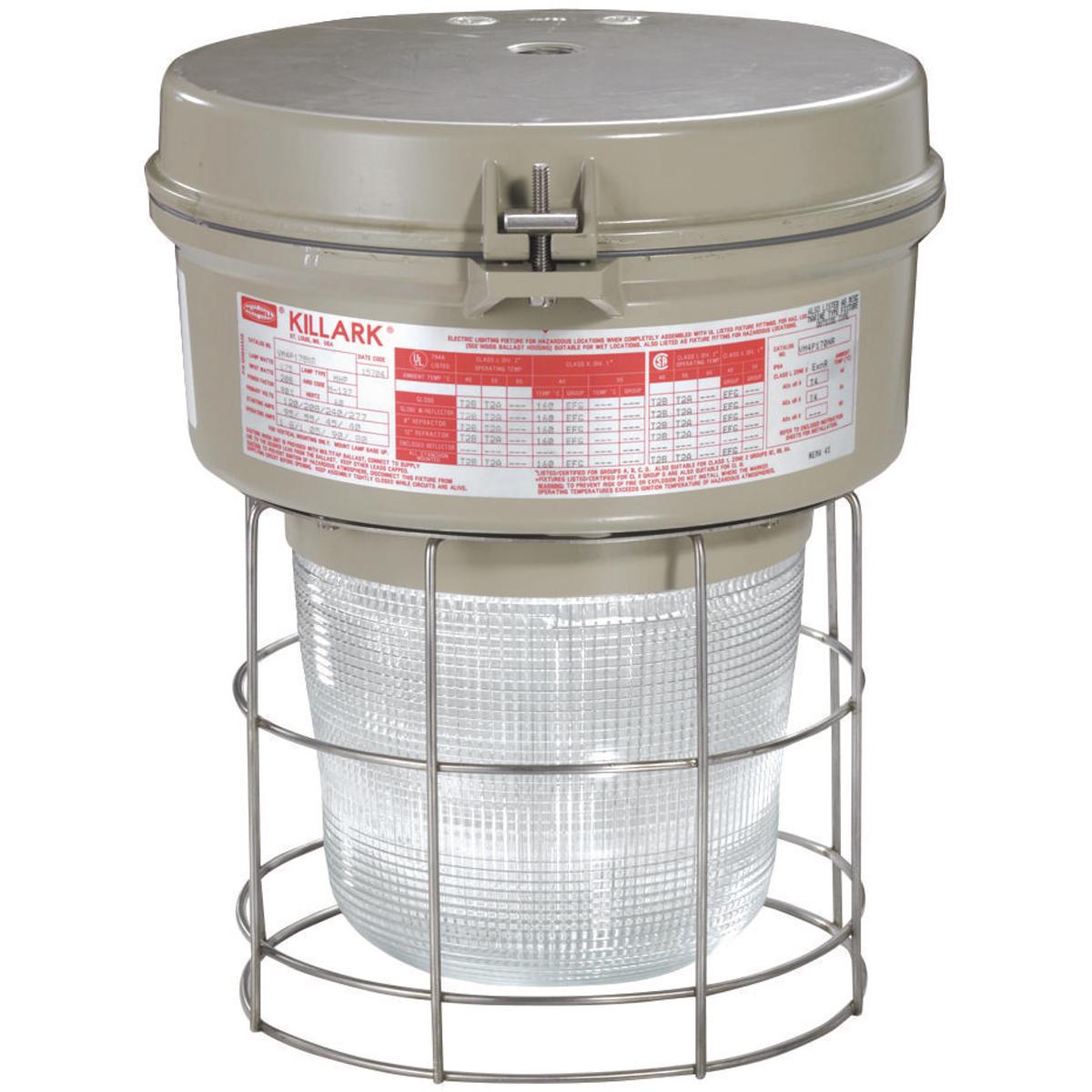 Hubbell VM4S075F2GLG VM4 Series - 70W High Pressure Sodium 480V - 3/4" Flexible Pendant - Globe and Guard  ; Ballast tank and splice box – corrosion resistant copper-free aluminum alloy with baked powder epoxy/polyester finish, electrostatically applied for complete, uniform 