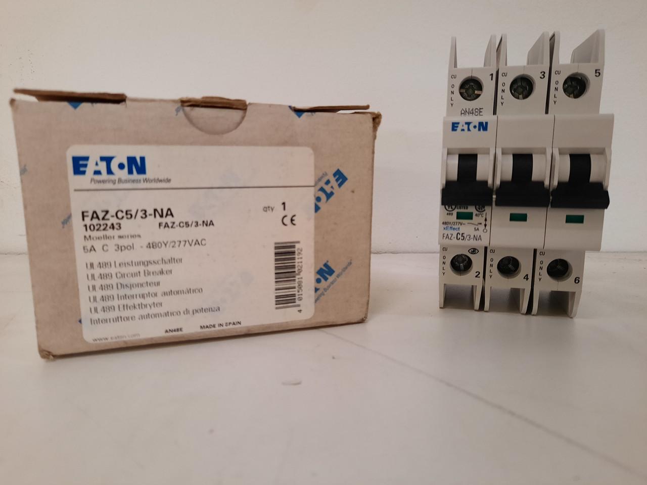 Eaton FAZ-C5/3-NA 277/480 VAC 50/60 Hz, 5 A, 3-Pole, 10/14 kA, 5 to 10 x Rated Current, Screw Terminal, DIN Rail Mount, Standard Packaging, C-Curve, Current Limiting, Thermal Magnetic