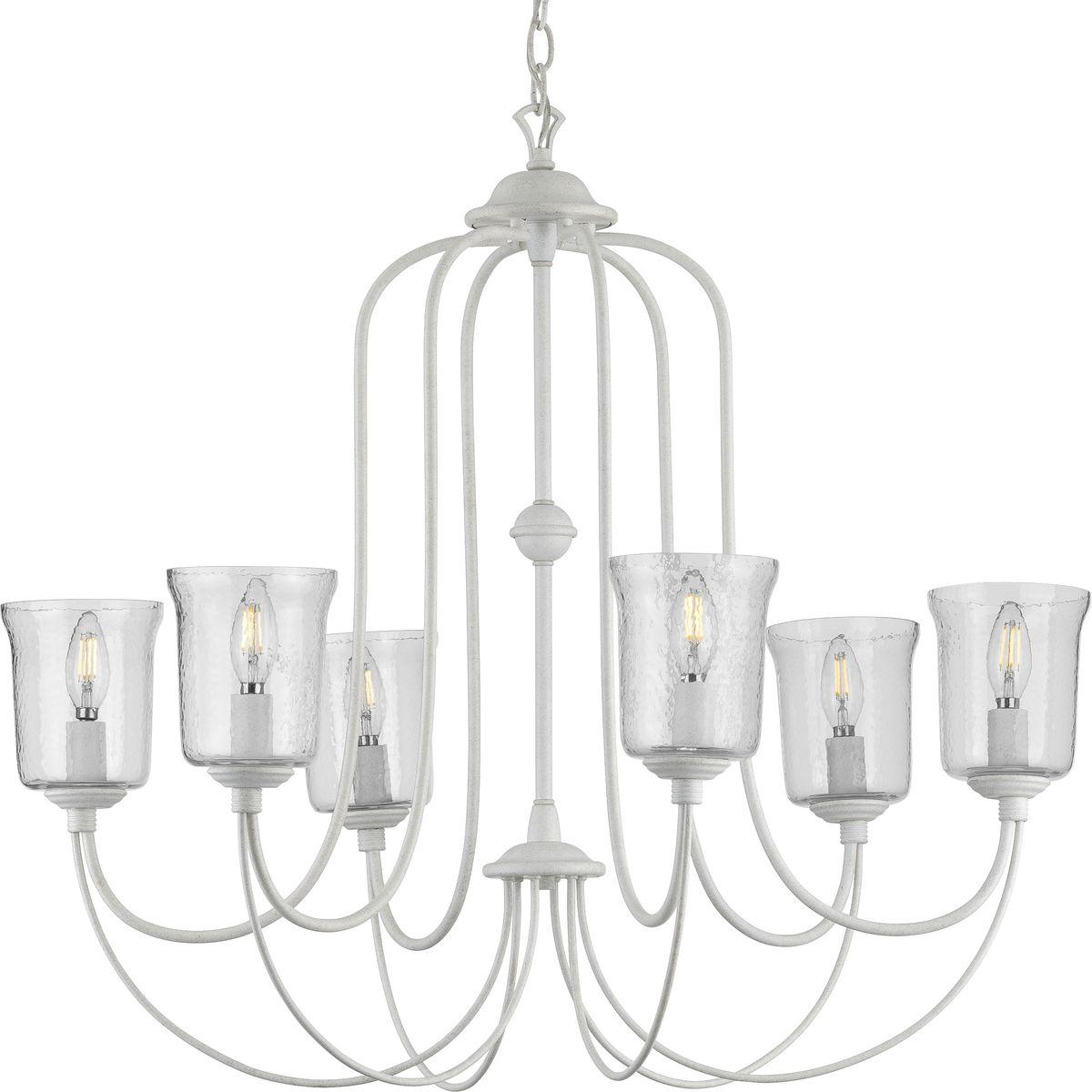 Hubbell P400195-151 Beautiful lighting will appeal to both your classic taste and your artistic spirit with the Bowman Collection Six Light Cottage White Chandelier. Wandering eyes will focus on the clear, chiseled glass shade that encircles four elegant light sources gather