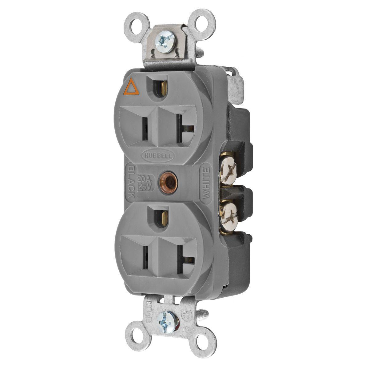 Hubbell CR5352IGGY Straight Blade Devices, Receptacles, Duplex,  Hubbell-Pro Heavy Duty, 2-Pole 3-Wire Grounding, 20A 125V, 5-20R, Gray, Single Pack, Isolated Ground.  ; Triangle marking on face indicates isolated ground ; Slender/compact design ; Finder Groove Face ; Isola