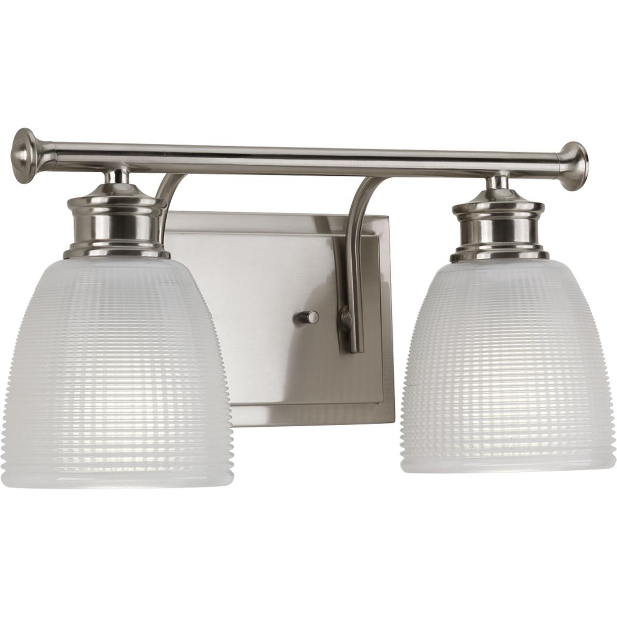 Hubbell P2116-09 Two-light bath from the Lucky Collection, with a distinctive design that evokes a vintage flair with finely crafted details. Light is beautifully illuminated through double prismatic frosted glass shades. Brushed Nickel finish.  ; Ideal for a bathroom and