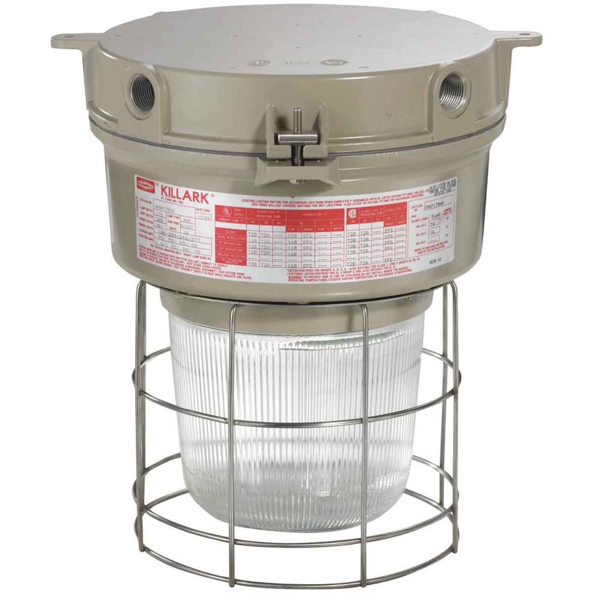 Hubbell VM4S050X2GLG VM4 Series - 50W High Pressure Sodium Quadri-Volt - 3/4" Ceiling Mount - Globe and Guard  ; Ballast tank and splice box – corrosion resistant copper-free aluminum alloy with baked powder epoxy/polyester finish, electrostatically applied for complete, unif