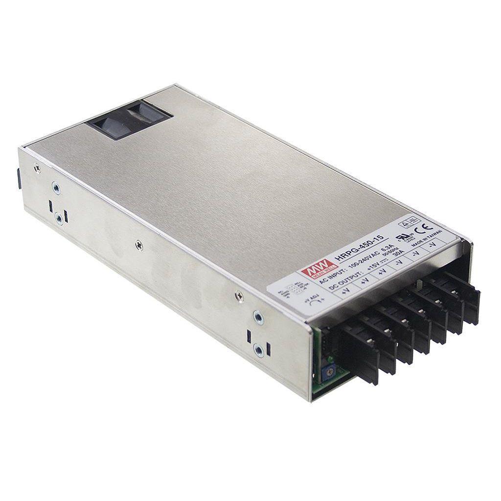MEAN WELL HRPG-450-15 AC-DC Single output enclosed power supply; Output 15Vdc at 30A; 1U low profile; fan cooling; remote on/off + 5Vdc at 0.3A standby