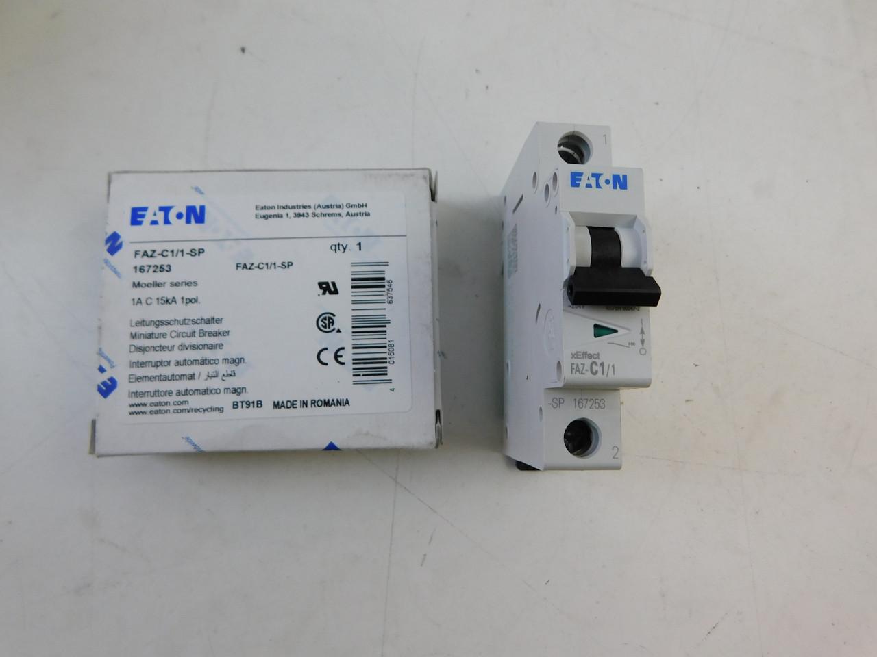 Eaton FAZ-C1/1-SP Eaton FAZ supplementary protector,UL 1077 Industrial miniature circuit breaker-supplementary protector,Single package,Medium levels of inrush current are expected,1 A,15 kAIC,Single-pole,277 V,5-10X/n,Q38,50-60 Hz,Standard terminals,C Curve