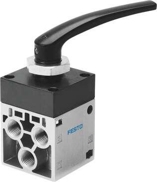 Festo 8995 hand lever valve H-5-1/4-B Valve function: 5/2 bistable, Standard nominal flow rate: 550 l/min, Operating pressure: -0,95 - 10 bar, Design structure: Poppet seat, Nominal size: 7 mm