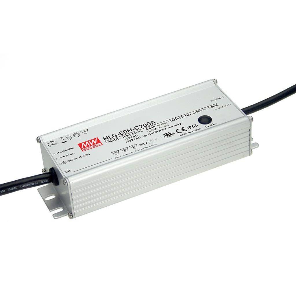 MEAN WELL HLG-60H-C700B AC-DC Single output LED driver Constant current (CC) with built-in PFC; Output 129Vdc at 0.7A; IP67; Cable output; Dimming with 1-10V PWM resistance