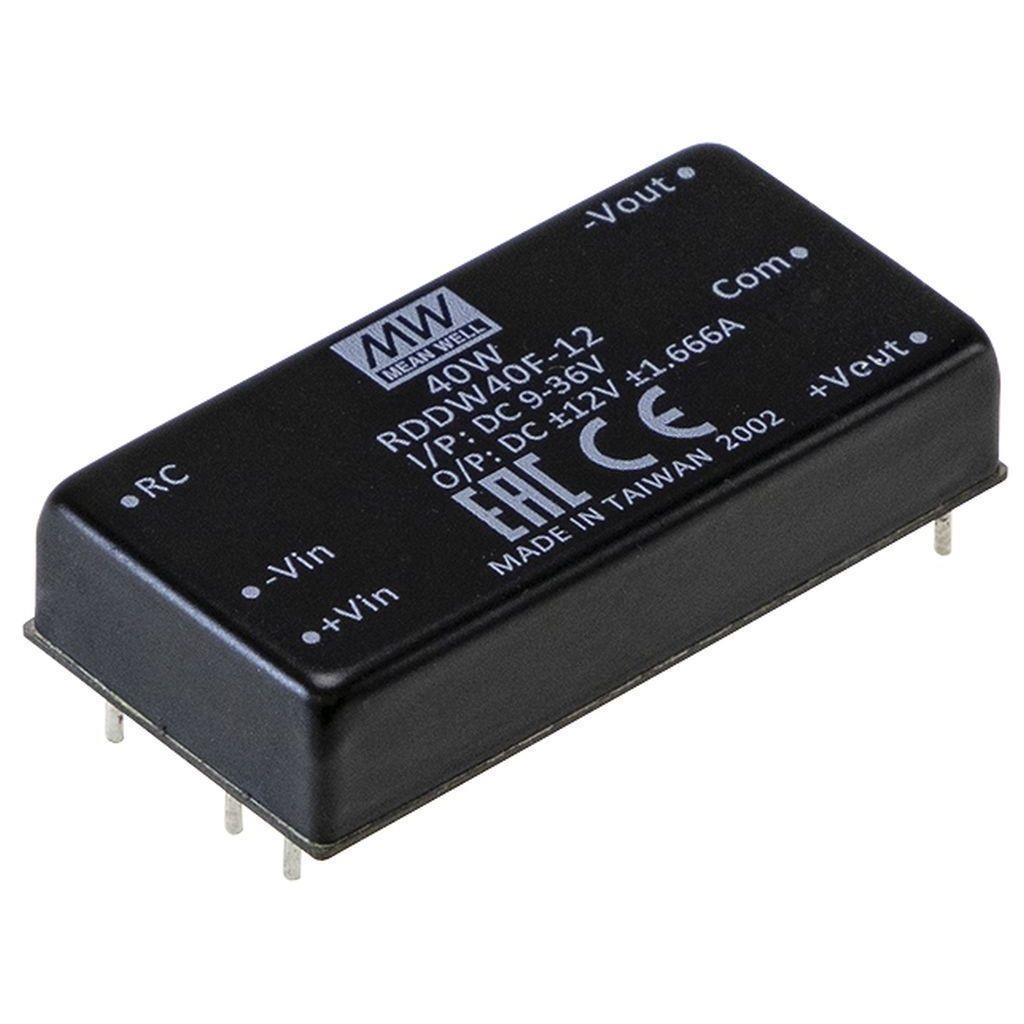 MEAN WELL RDDW40F-12 DC-DC Railway Dual Output Converter; Input 9-36VDC; Output +-12VDC at +-1.666A; 1.6KVDC I/O isolation; DIP Through hole package; Remote ON/OFF
