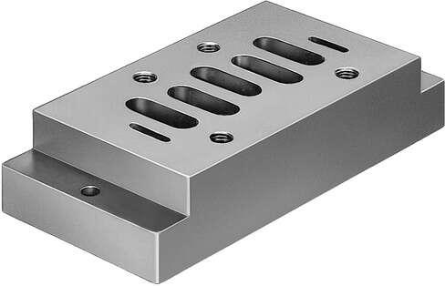 Festo 152814 individual sub-base NAU-3/4-4B-ISO With port pattern as per DIN ISO 5599/1, external dimensions as per VDMA 24345, connections underneath. Conforms to standard: ISO 5599-1, Product weight: 1080 g, Mounting type: with through hole, Auxiliary pilot air port