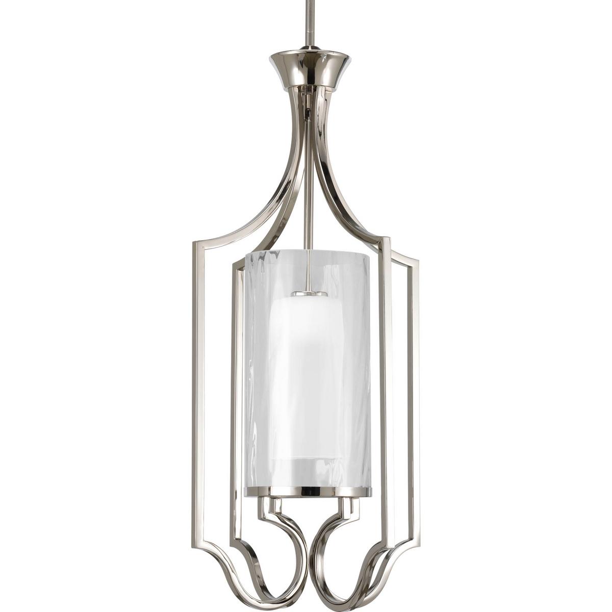 Hubbell P3946-104 One-light small foyer pendant. Caress features a chic, sophisticated one-light chandelier featuring a Polished Nickel metal frame with layered glass diffusers to cast a glimmering light. An outer shade of clear, water glass adds rich texture and playful r