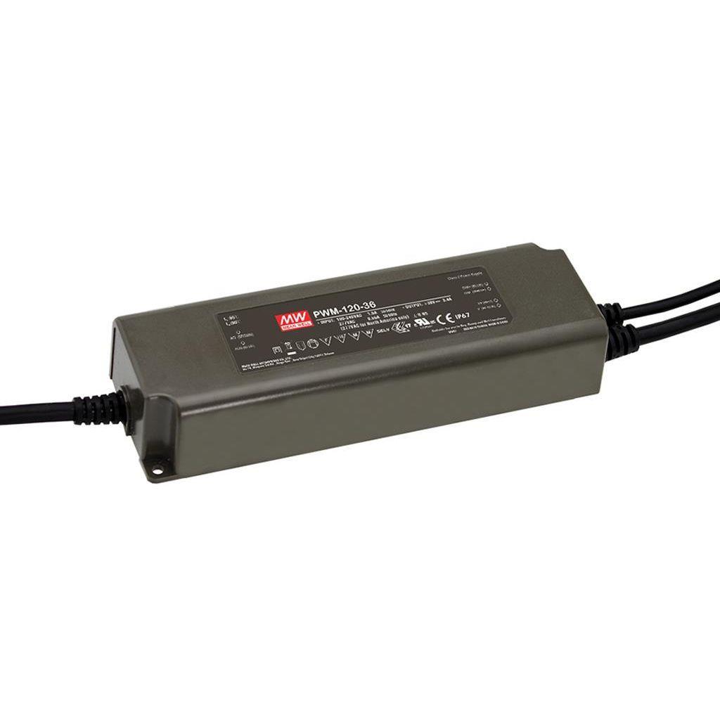 MEAN WELL PWM-120-24 AC-DC Single output LED driver Constant Voltage (CV); PWM output for LED strips; Output 24Vdc at 5A; Dimming with 0-10Vdc or PWM; IP67