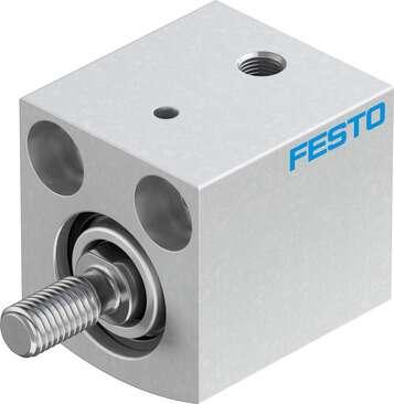 Festo 188106 short-stroke cylinder AEVC-16-10-A-P No facility for sensing, piston-rod end with male thread. Stroke: 10 mm, Piston diameter: 16 mm, Spring return force, retracted: 5 N, Cushioning: P: Flexible cushioning rings/plates at both ends, Assembly position: Any