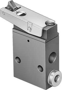 Festo 2186 toggle lever valve LS-3-1/8 With idle return, piloted, normally closed. Valve function: 3/2 closed, monostable, Type of actuation: mechanical, Standard nominal flow rate: 146 l/min, Operating pressure: 3,5 - 8 bar, Design structure: Poppet seat