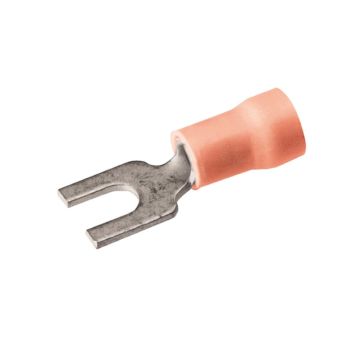 Hubbell BA16EF8 Vinyl Fork Terminal For 22 - 16 AWG.  ; Fork terminals are constructed of pure electrolytic copper ; Long brazed seam barrel with deep V groove inner serations for optimum conductivity, reliability and holding power after crimping ; Fork tongue design for