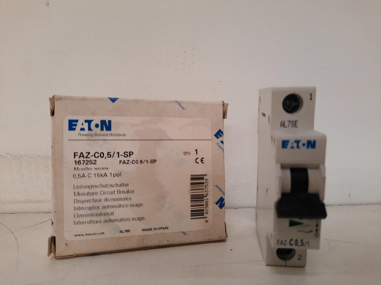 Eaton FAZ-C0.5/1-SP Eaton FAZ supplementary protector,UL 1077 Industrial miniature circuit breaker-supplementary protector,Single package,Medium levels of inrush current are expected,0.5A,15 kAIC,Single-pole,277V,5-10X/n,Q38,50-60 Hz,Standard terminals,C Curve