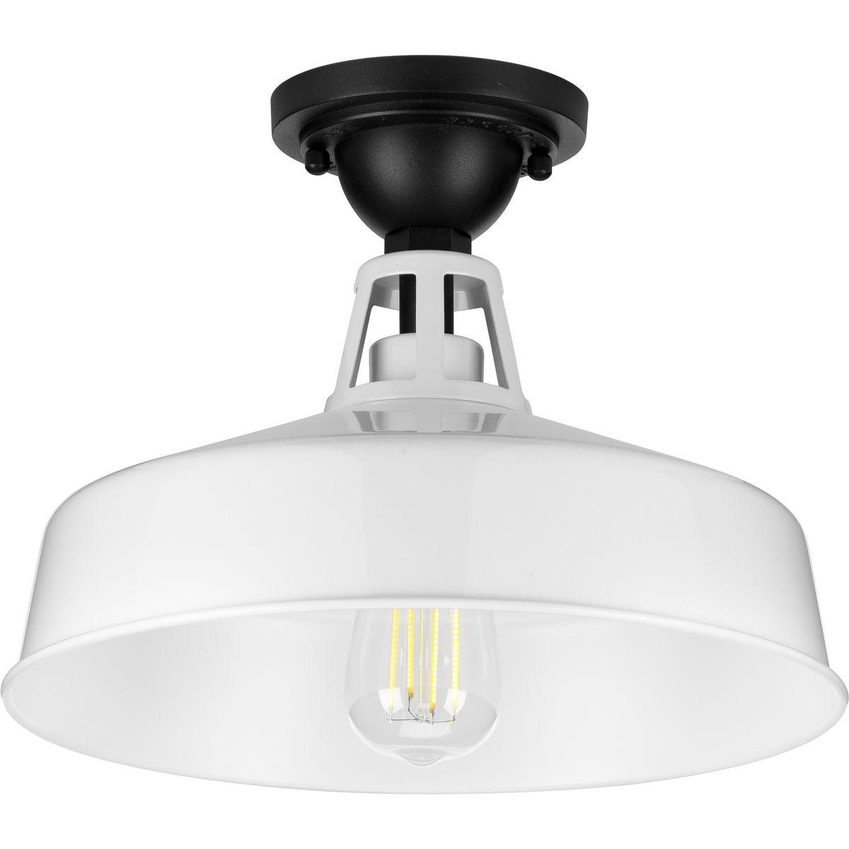 Hubbell P550070-030 This fun take on the traditional warehouse shade provides excellent task lighting. Take in the simple metal shade coated in a gorgeous white finish ready to direct a helpful glow. An industrial-style ceiling plate anchors the light fixture in place and ad