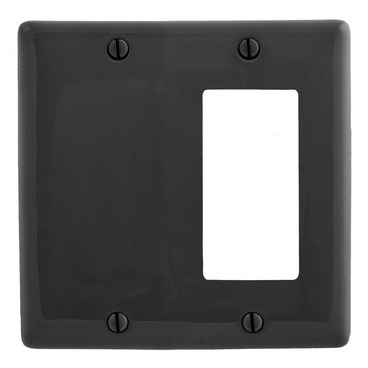 Hubbell NP1326BK Wallplates, Nylon, 2-Gang, 1) Decorator, 1) Blank, Black  ; Reinforcement ribs for extra strength ; High-impact, self-extinguishing nylon material ; Captive screw feature holds mounting screw in place ; Standard Size is 1/8" larger to give you extra cover
