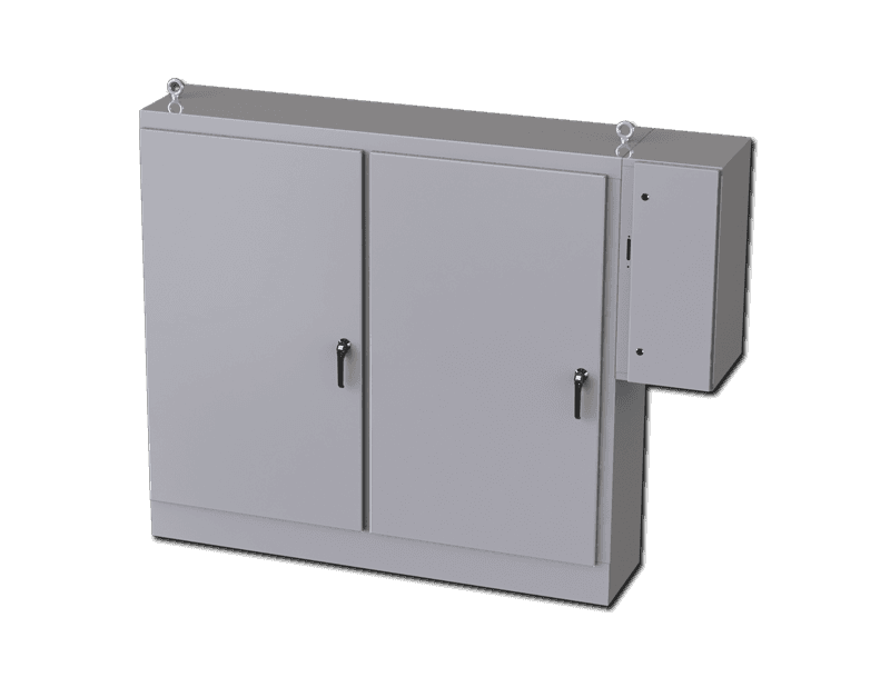 Saginaw Control SCE-72XD7818 2DR XD Enclosure, Height:72.00", Width:77.75", Depth:18.00", ANSI-61 gray powder coating inside and out. Sub-panels are powder coated white.